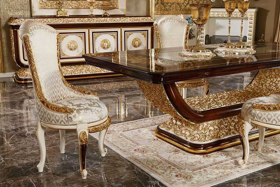 Ultra Luxury Emperor Heritage Dining Ensemble Detailed with Deep Carved European Motifs, Majestic Golden Highlights And Elite Royal Chairs