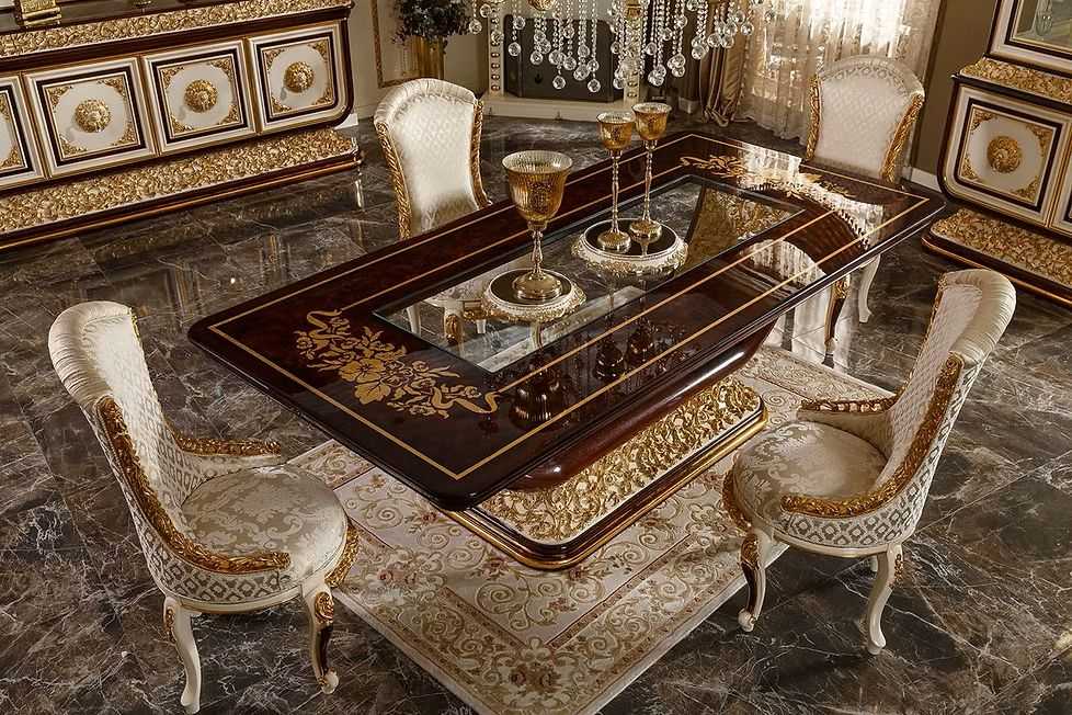 Ultra Luxury Emperor Heritage Dining Ensemble Detailed with Deep Carved European Motifs, Majestic Golden Highlights And Elite Royal Chairs