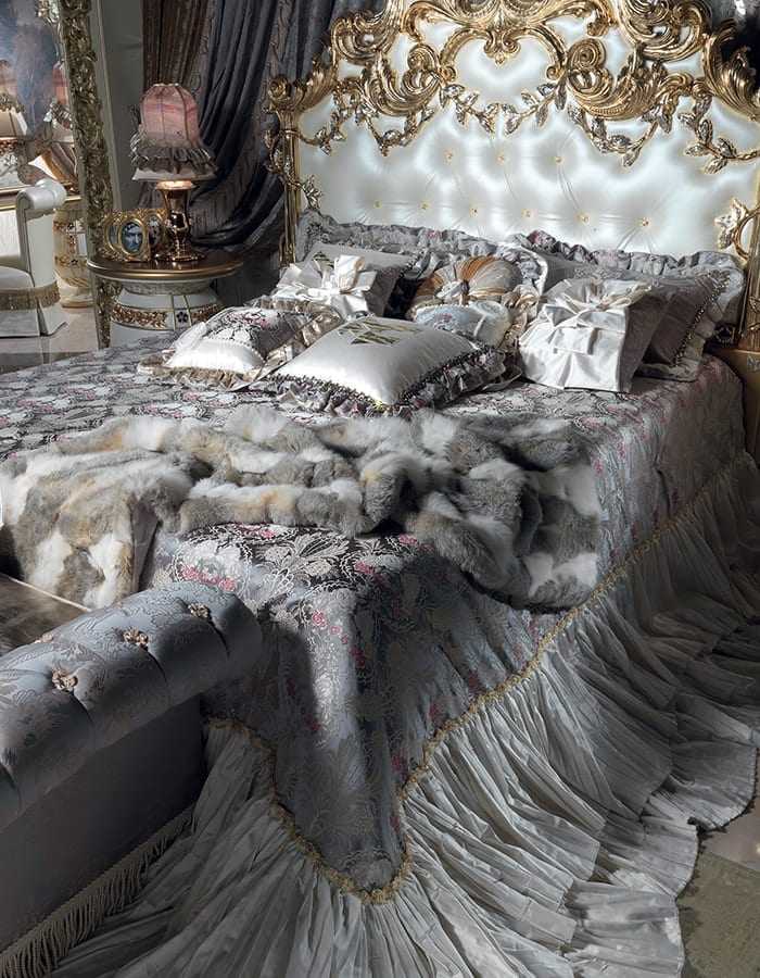 Ultra Luxury Imperial Baroque Bedroom Set with Grand Sculpted Headboard Ornamental Gold Leaf Carvings And Opulent Drapery Architecture