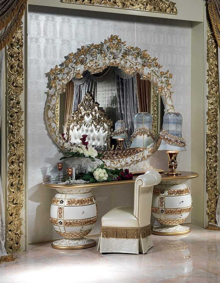 Ultra Luxury Imperial Baroque Bedroom Set with Grand Sculpted Headboard Ornamental Gold Leaf Carvings And Opulent Drapery Architecture