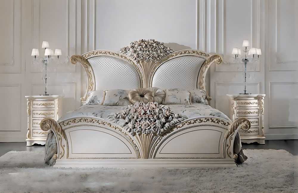 Ultra-Luxury Imperial Floral Royale Bedroom Set with Hand-Carved Baroque Crowns, Pearl-Tufted Panels And  Grand Vanity Ensemble