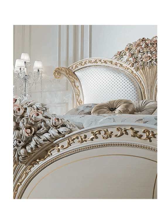 Ultra-Luxury Imperial Floral Royale Bedroom Set with Hand-Carved Baroque Crowns, Pearl-Tufted Panels And  Grand Vanity Ensemble