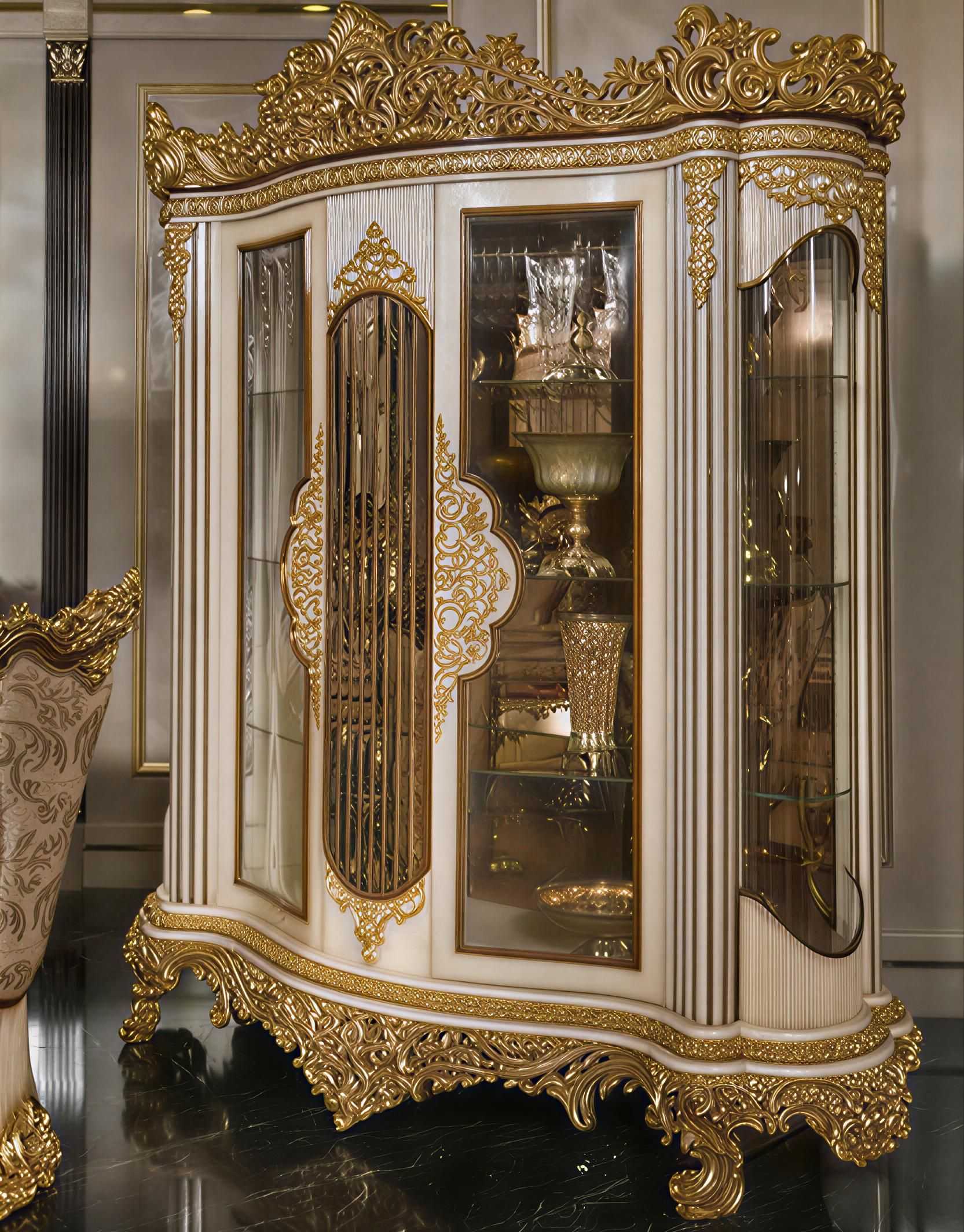 Ultra-Premium European Royal Dining Set with Heavy Gold Carving, Handcrafted Display Cabinet And Marble Finished Dining Table
