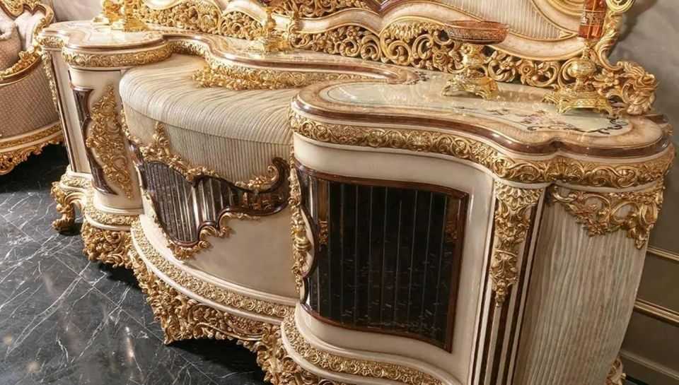 Ultra-Premium European Royal Dining Set with Heavy Gold Carving, Handcrafted Display Cabinet And Marble Finished Dining Table