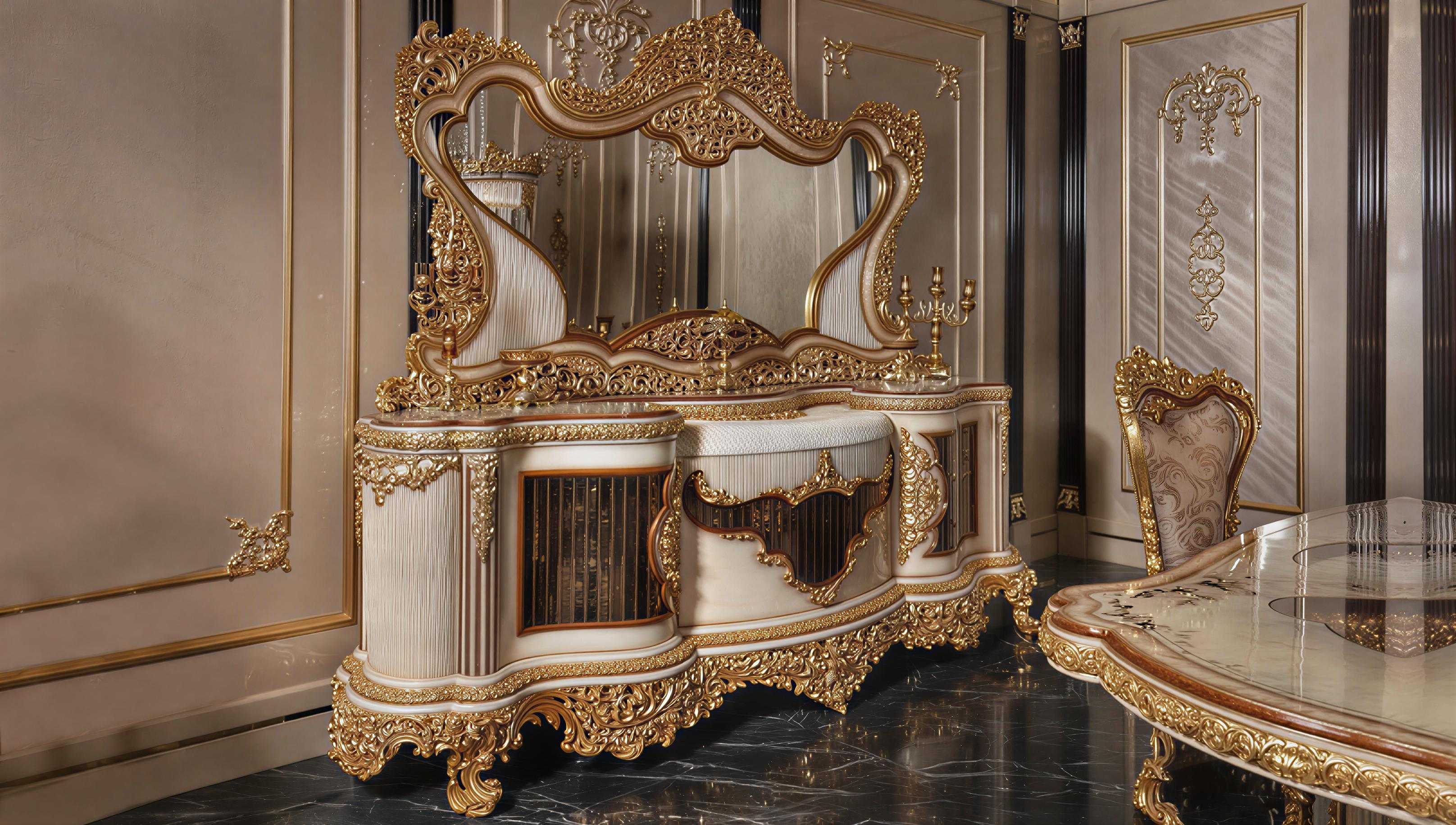 Ultra-Premium European Royal Dining Set with Heavy Gold Carving, Handcrafted Display Cabinet And Marble Finished Dining Table