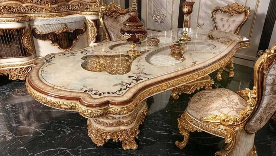Ultra-Premium European Royal Dining Set with Heavy Gold Carving, Handcrafted Display Cabinet And Marble Finished Dining Table