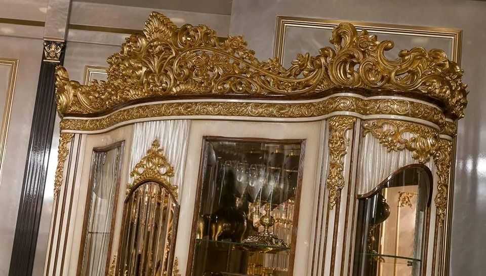 Ultra-Premium European Royal Dining Set with Heavy Gold Carving, Handcrafted Display Cabinet And Marble Finished Dining Table