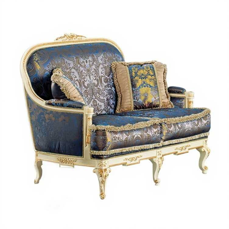 Victorian-Style Love Seat – Luxurious Fabric with Antique Wood Accents
