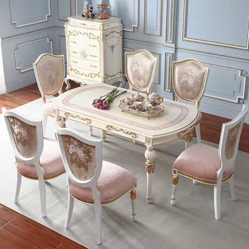 White and Pink European Design Solid Wood Dining Table 6 Seater