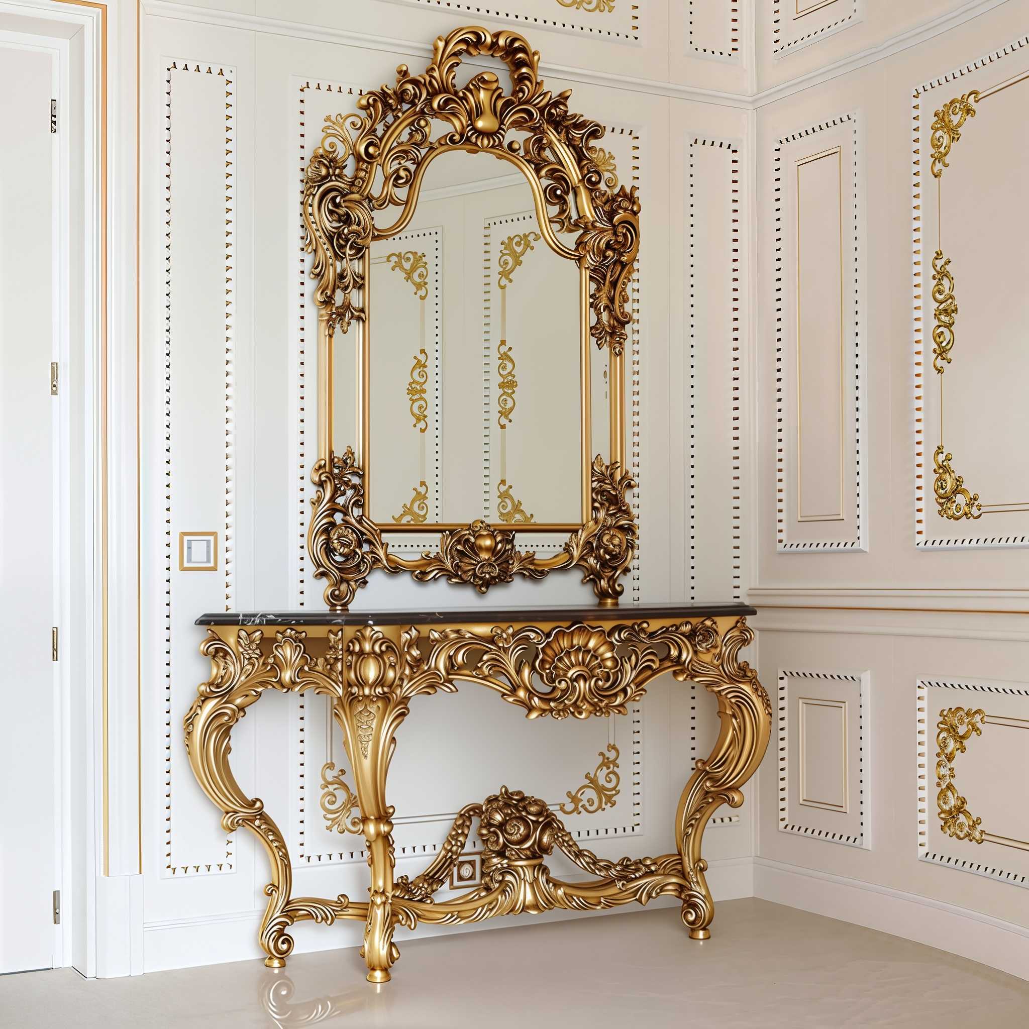 Antique-Inspired Heavily Carved Rococo Console with Mirror