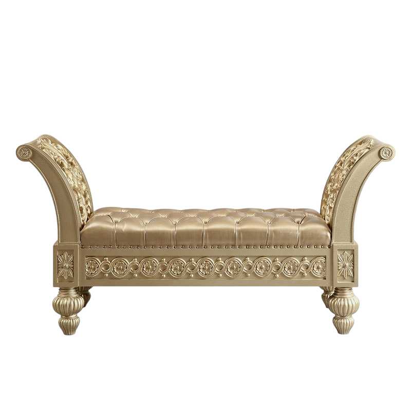 Elite Royal Baroque Bedroom Collection Featuring a Monumental Carved Crest Headboard, Deep Gold Tufted Upholstery, Sculpted Ornamental Panels And Exquisite European Classic Furniture Detailing 