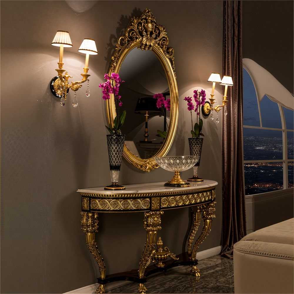 Carved Luxury Console – Gold Finish with Black Vintage Detailing 