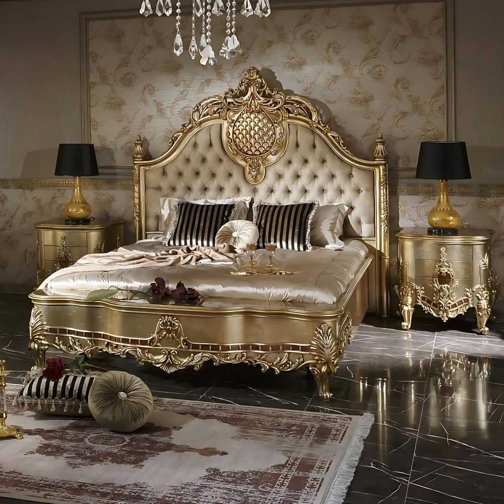 Champagne gold royal Italian bed with carved frame and tufted headboard
