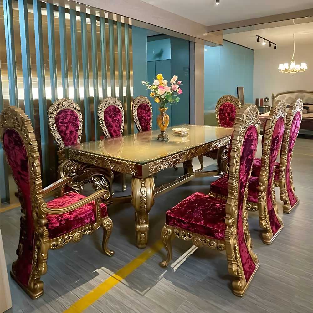 Classic Opulent Dining Table Set – Red Velvet High‑Back Chairs, Gold Heavy Carving  8‑Seater 