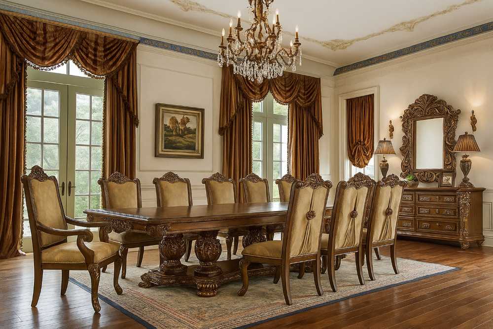 Classic 10-Piece Dining Set – Ornate Table + 10 Dining Chairs