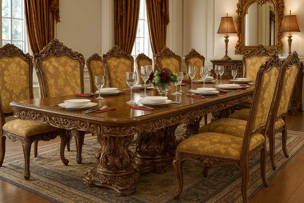 Classic 10-Piece Dining Set – Ornate Table + 10 Dining Chairs