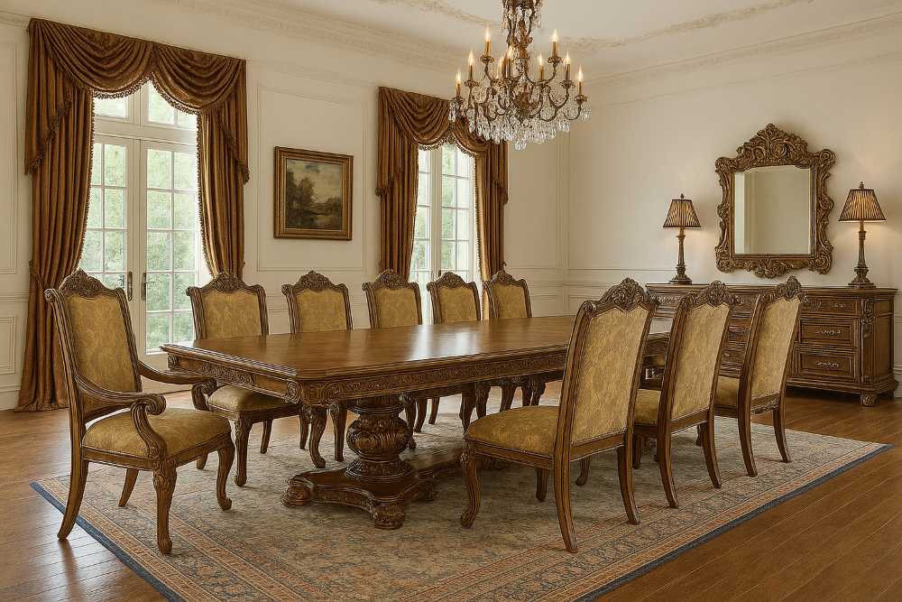 Classic 10-Piece Dining Set – Ornate Table + 10 Dining Chairs