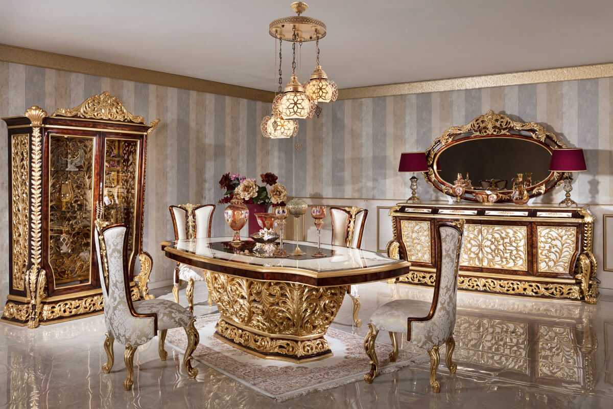  Heavy Carved Luxury Dining Table Set in Baroque Style | Solid Wood Frame with Gold Leaf Carvings, Elegant Fabric Chairs, Matching Buffet, and Mirror Console | Classic Italian Furniture