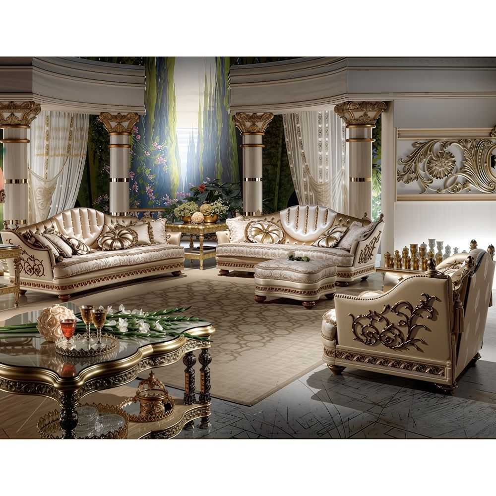 Elegant European Sofa Set – Cream Fabric & Intricate Gold Leaf Carving