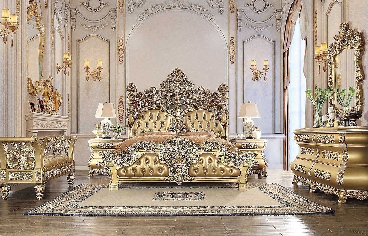 Elite Royal Baroque Bedroom Collection Featuring a Monumental Carved Crest Headboard, Deep Gold Tufted Upholstery, Sculpted Ornamental Panels And Exquisite European Classic Furniture Detailing 