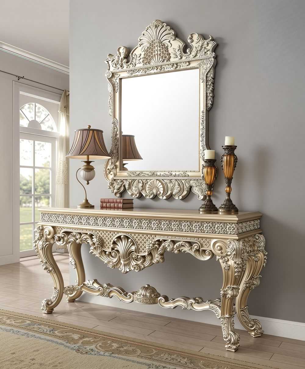 European Luxury Console Table with Mirror – Ornate Carved Wood