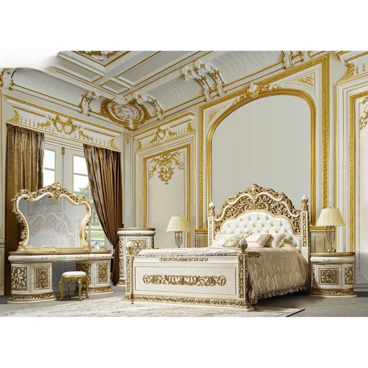 European Royal Bedroom Set Featuring Deep Golden Carvings And Classic Palace Detailing