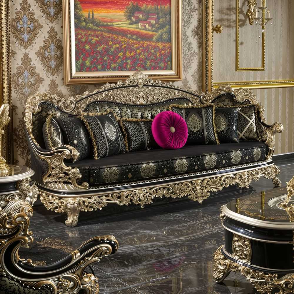 French Antique Royal Sofa Set – Turkish King Style ,Gold Leaf Finish & Black Luxury Brocade Upholstery