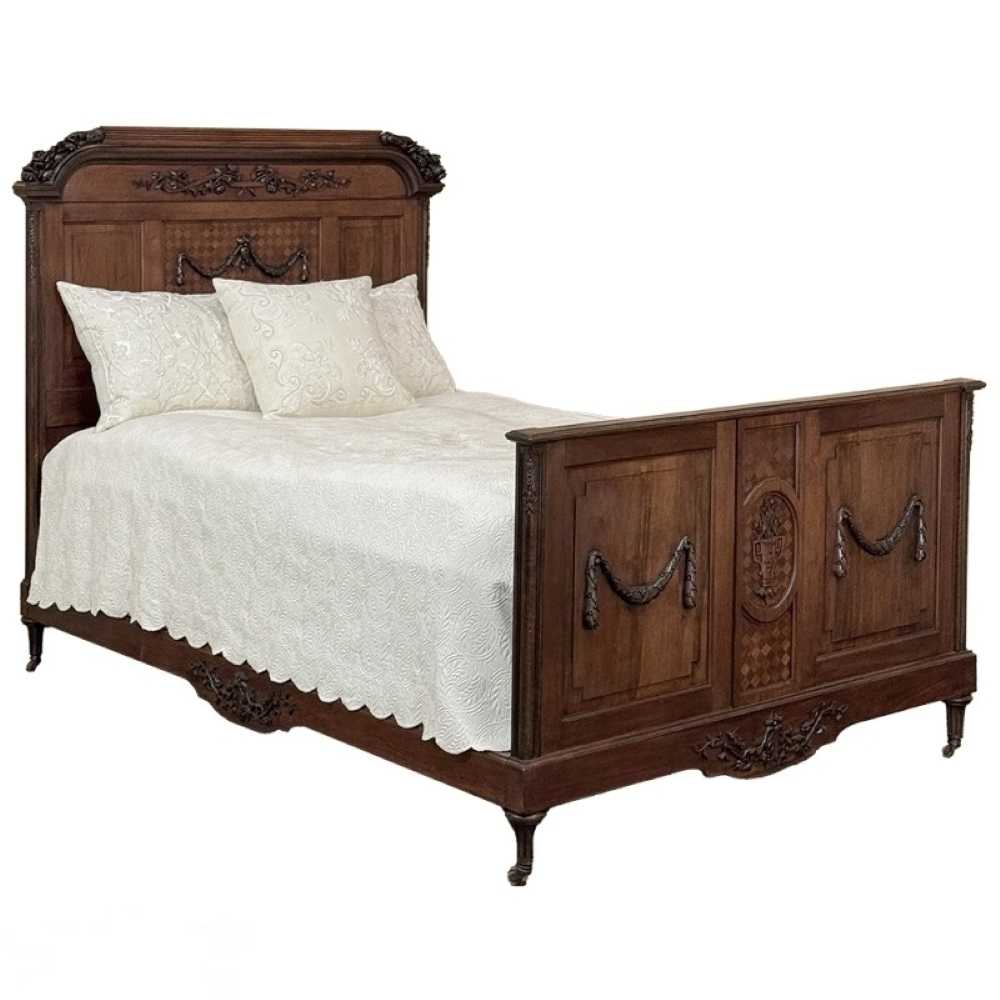 French Louis Neoclassical Carved Walnut Bed