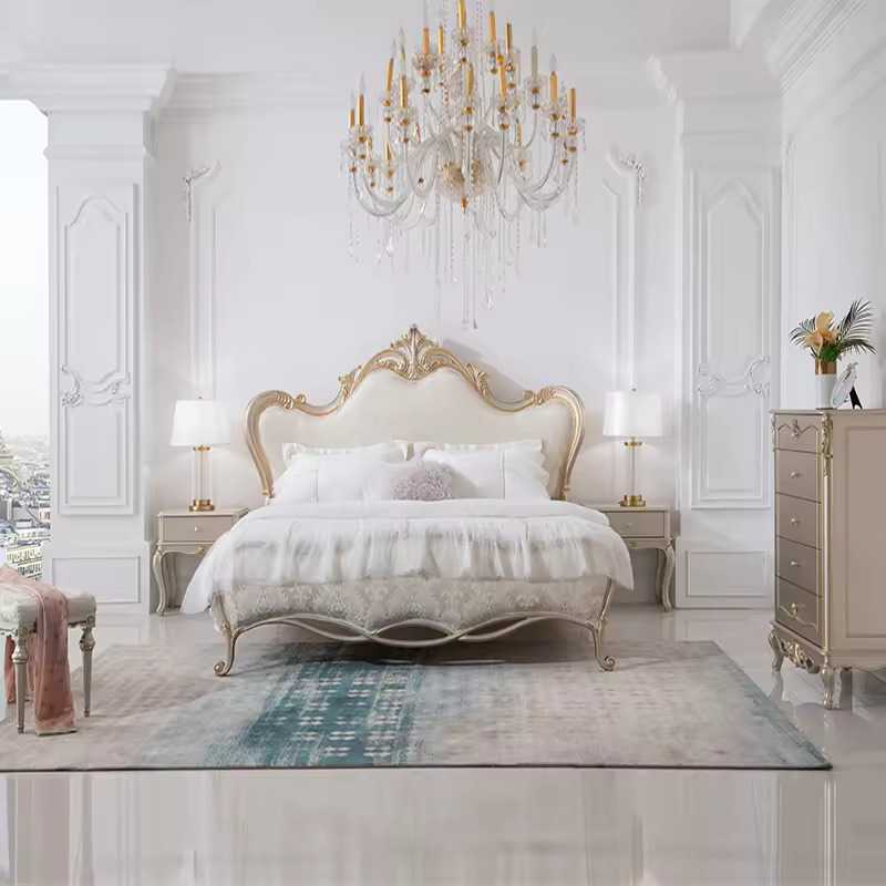 French Style Carved Patterns Retro Fabric Wedding Bed