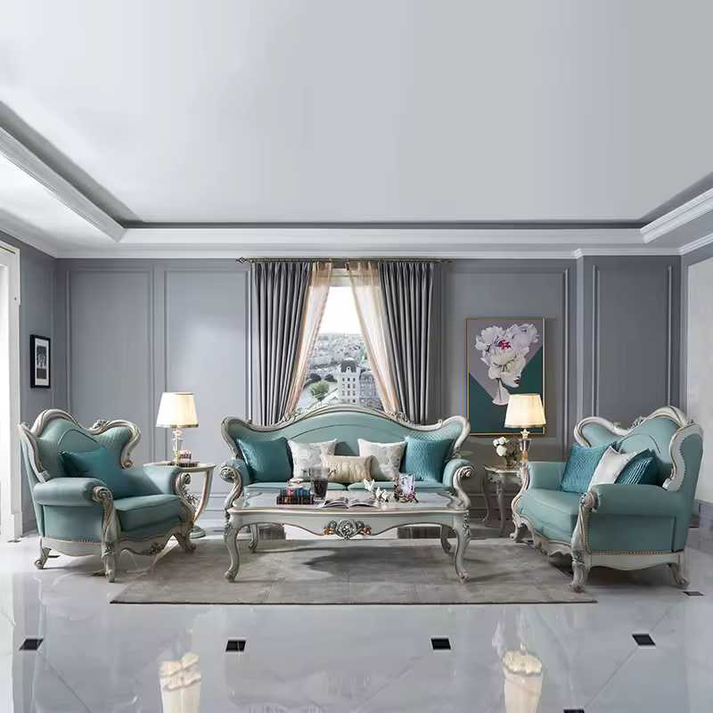 French Style Livingroom Solid Wood Blue Leather Sectional Sofa Set