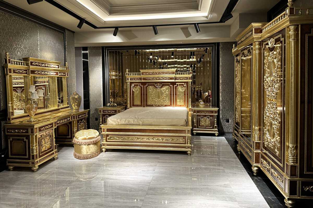 Golden Age Bedroom Ensemble – Handcrafted European Masterpiece with Ornate Gold Leaf Carvings, Elegant Mirror Accents, and Royal Headboard Design