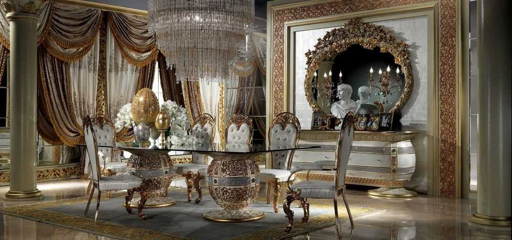 Grand Baroque Dining Table with Decorative Gold Barrel Bases and Crystal-Inspired Glass Top