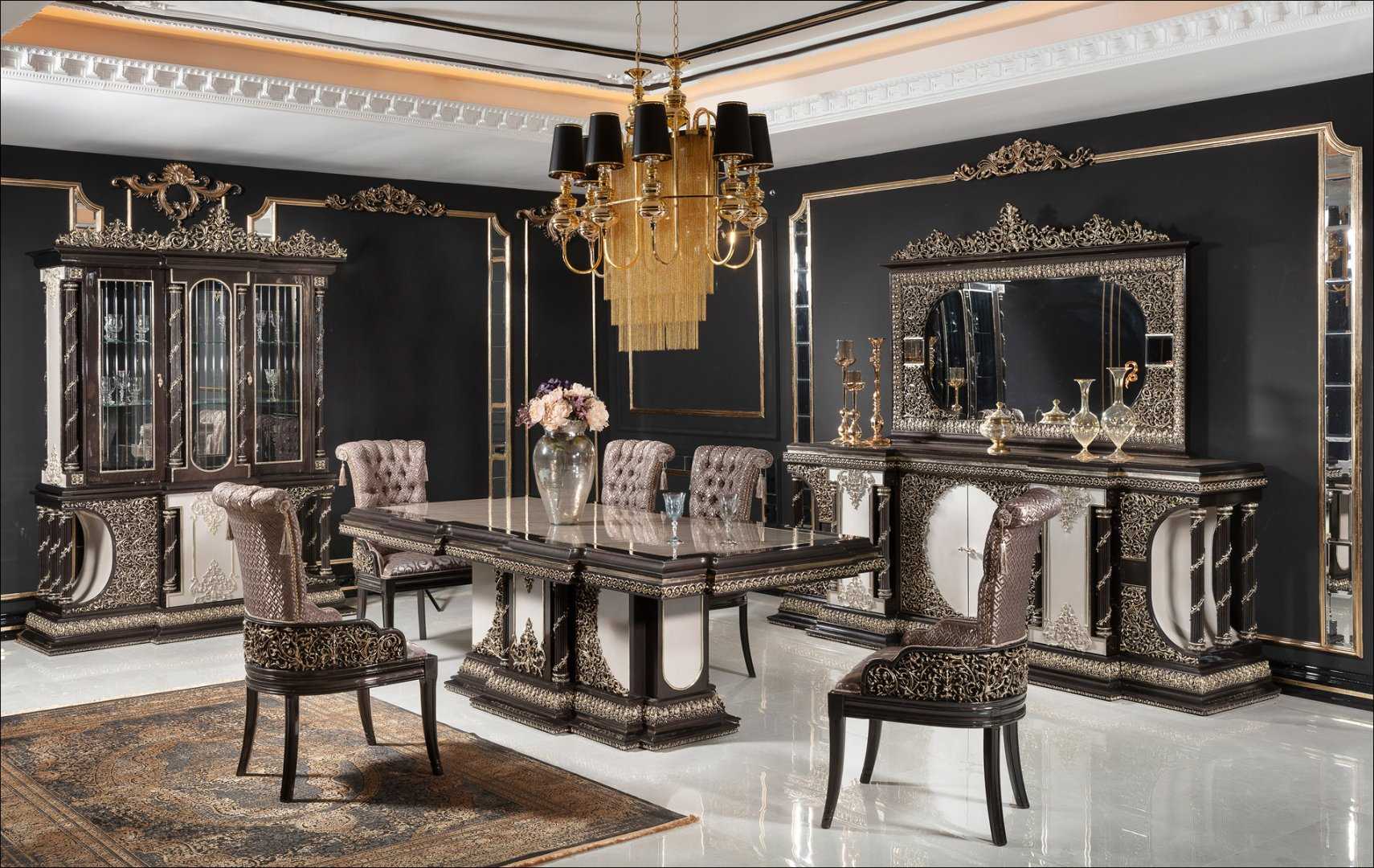 Grand Black And Gold Classic Dining Room Set with Heavy Carved Table Base, Marble-Top Finish, Tufted Royal Chairs And Ornate Buffet Mirror Ensemble
