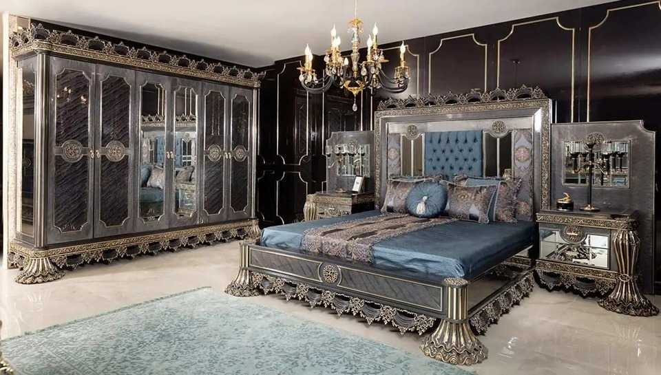 Grand Emperor Baroque Bedroom Set with Deep Black Finish, Ornamental Gold Leaf Carvings And Royal Blue Tufted Upholstery