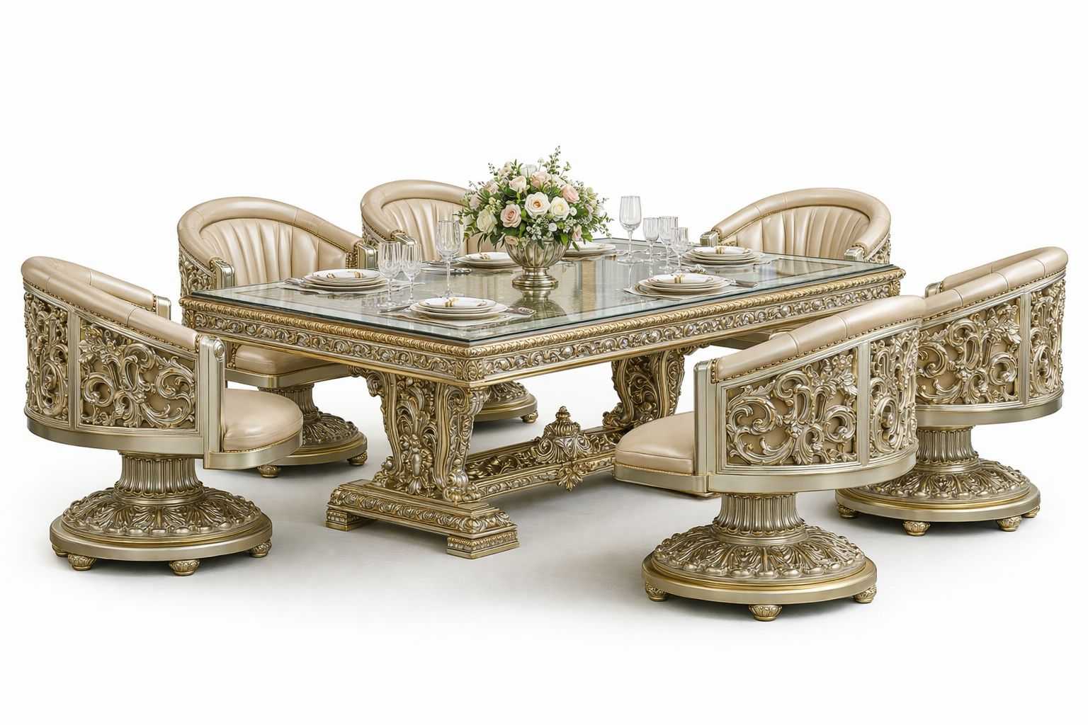 Grand Royal Gold Leaf Ornate Dining Set with Glass-Top Table & Fully Carved Swivel Barrel Chairs – Ultra-Luxury Classic Collection