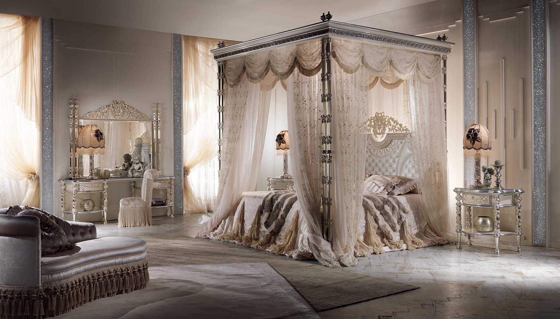 Grand Royal Heavy-Carved Bedroom Ensemble Featuring Ornamental Four-Poster Deep Baroque Embossing And  Luxurious Silver Leaf Accents