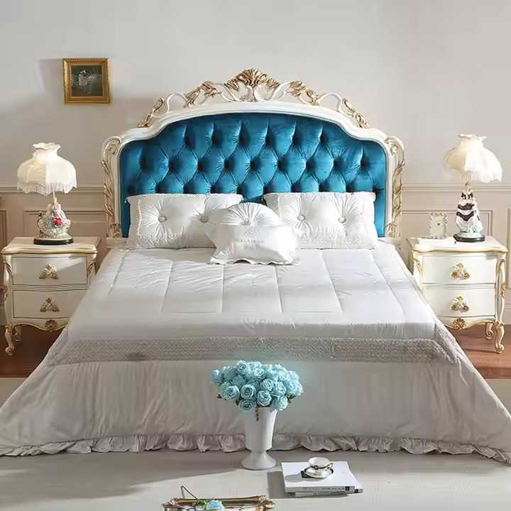 Hand Carved French Design Solid Wood White Color with Gold Leaf Bed