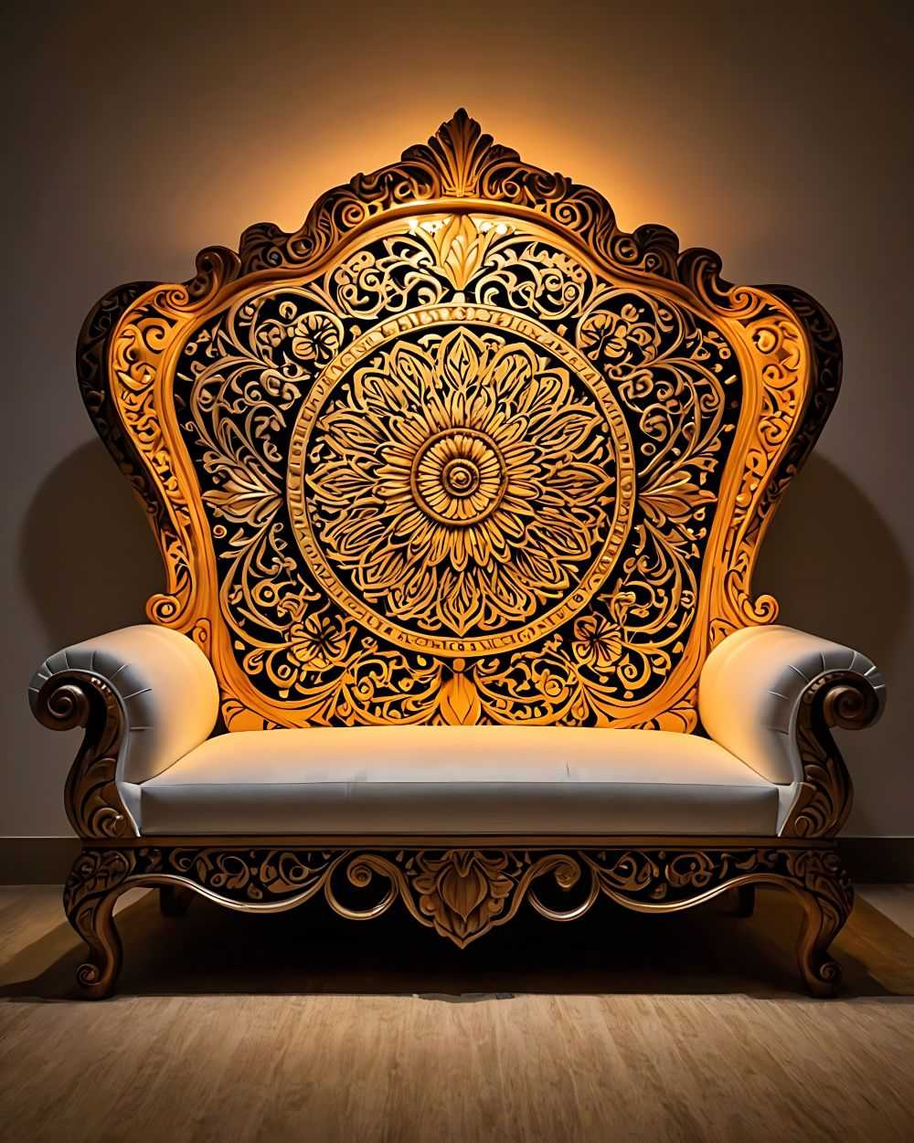 Hand-Carved Royal Lounge Sofa – Premium Wooden Love Seat with Grand Design, Upholstered Seating, and Antique Detailing