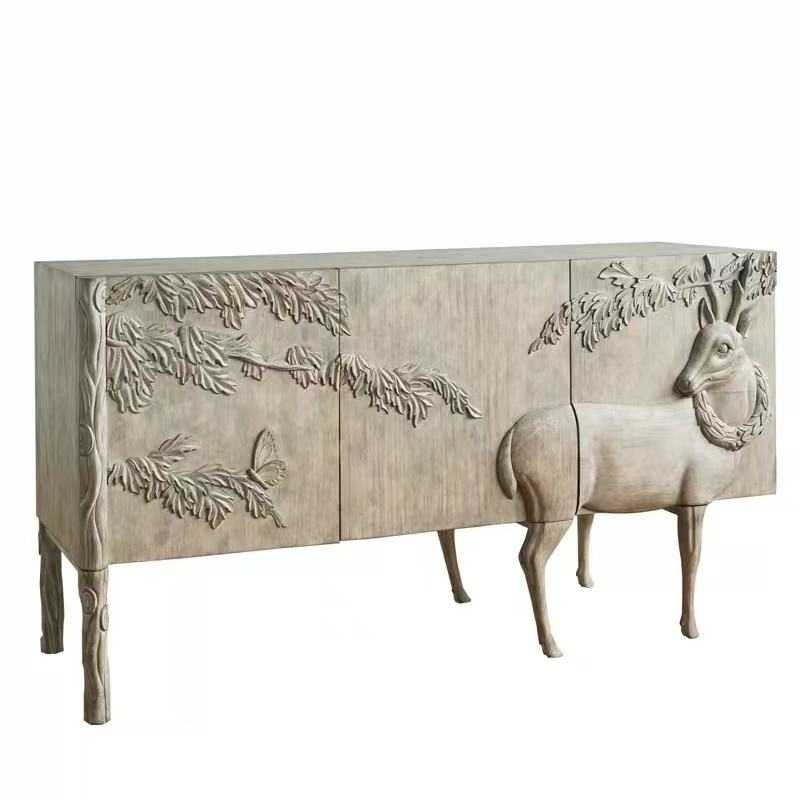 Hand-Carved Wooden Cabinet with Deer Design – Nature-Inspired Furniture