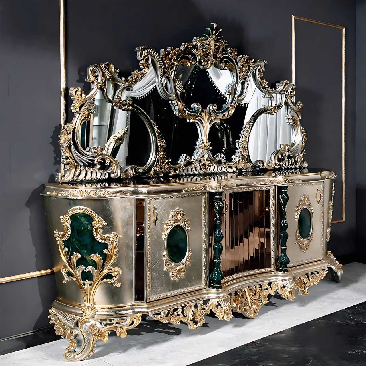 High-End Decorative Console with Luxurious Mirror, Featuring Artistic Carved Gold Details and Emerald Tones – Refined European Craftsmanship