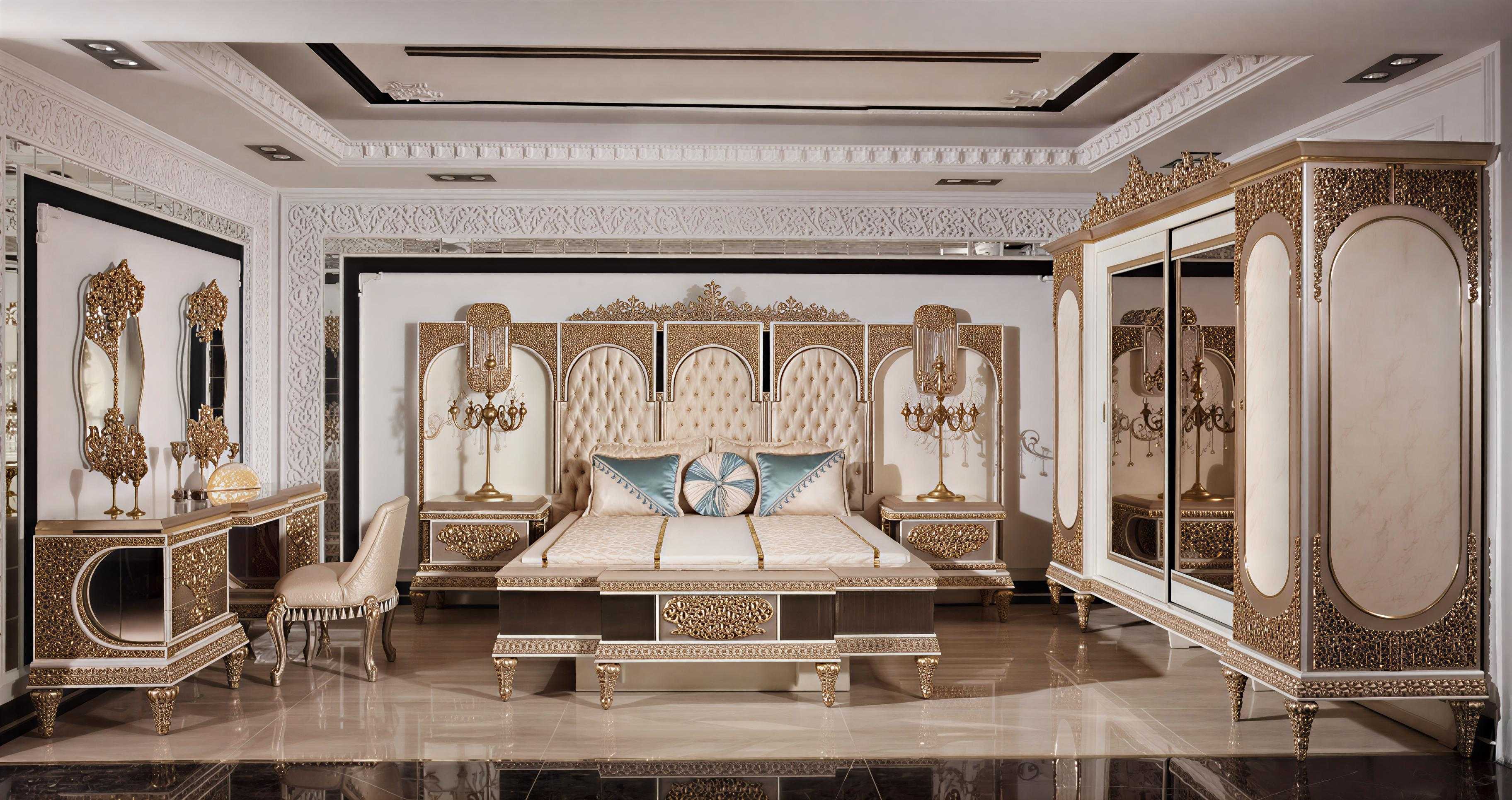 Imperial Arabian Royal Bedroom Collection with Majestic Gold Lattice Carvings, Deep Tufted Upholstery And Full Mirror Wardrobe