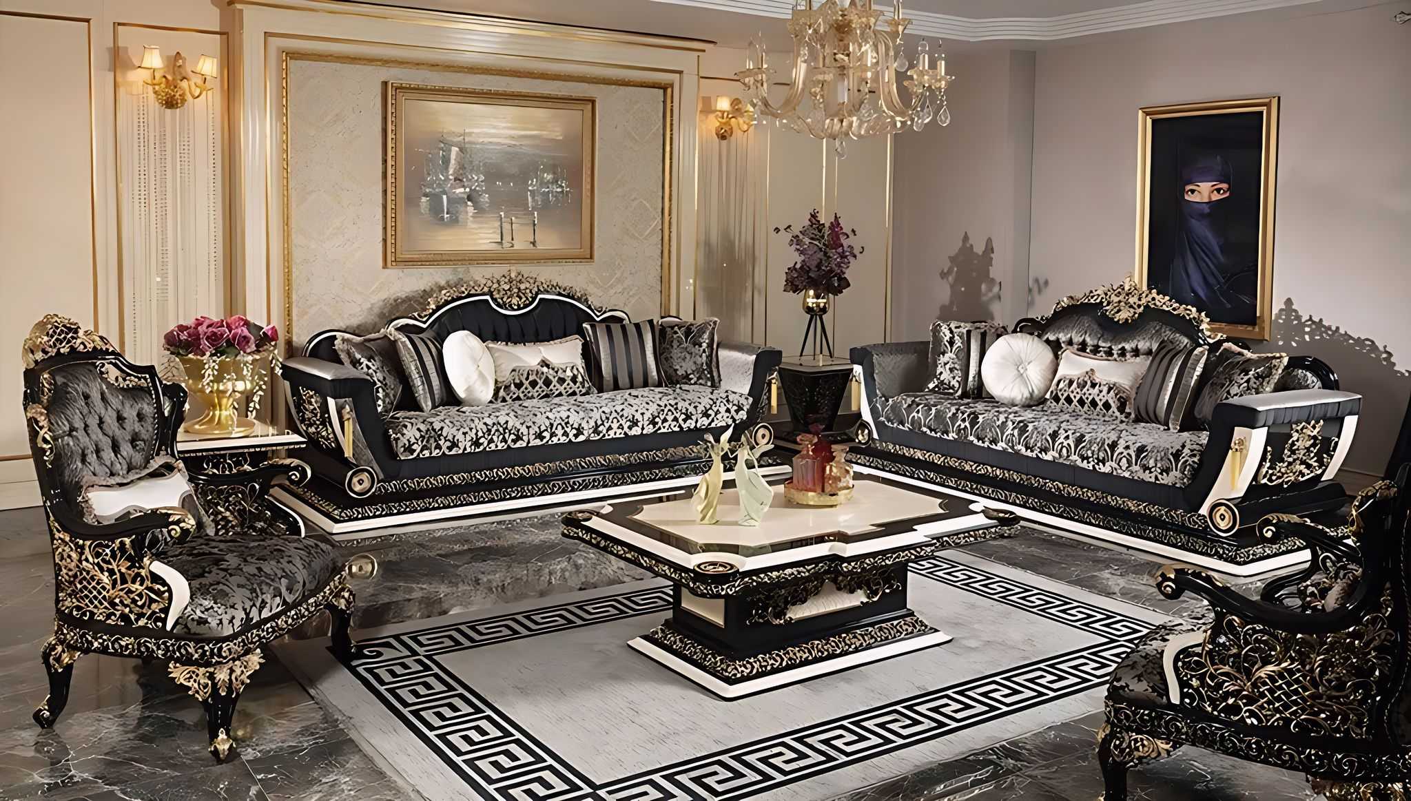 Imperial Baroque Luxury Sofa Collection Featuring Deep Gold Leaf Carvings Elite European Fabric Patterns