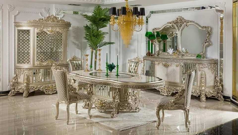 Imperial European Silver Royal Dining Set with Heavy Hand-Carved Detailing, Regal Upholstered Chairs And Ornate Display Cabinet