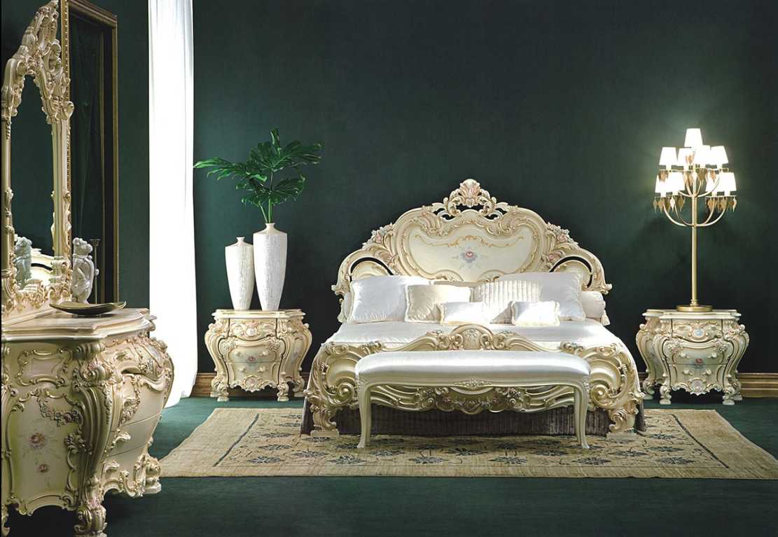 Italian Classic Hand-Carved Bedroom Set Featuring Antique Ivory Finish, Floral Hand-Painting, Ornate Baroque Scrollwork And Royal Curved Silhouette Design 