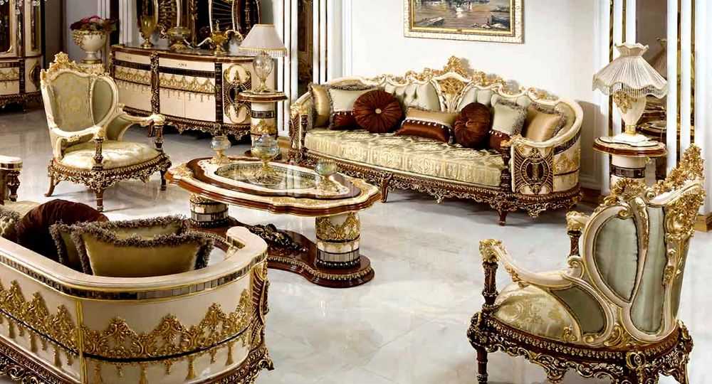 Italian Luxury Furniture – Opulent Living Room with Carved Wood & Rich Fabrics