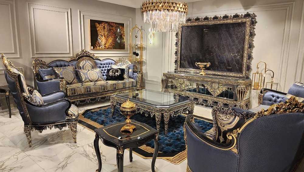 Romanian Style Blue & Gold Carved Sofa Set 