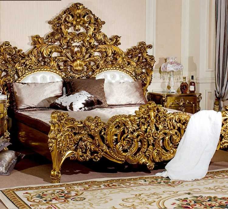 Luxurious Antique Baroque Gold Carved Bed – Ornate Royal Style Bedroom Furniture