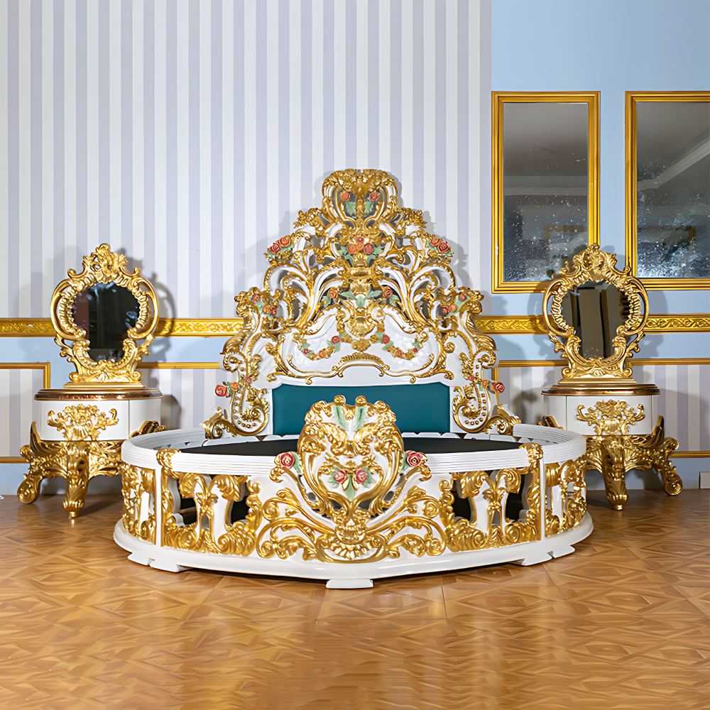 Luxurious Antique Round Bed Featuring Ornate Hand-Painted Heavy Floral Carved Headboard