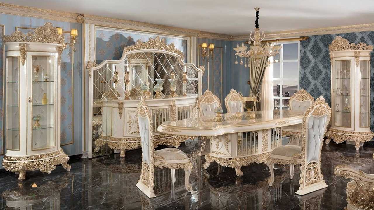 Luxurious Baroque Golden Dining Collection With Deep Sculpted Carvings Plush Upholstery And Majestic Console Mirror