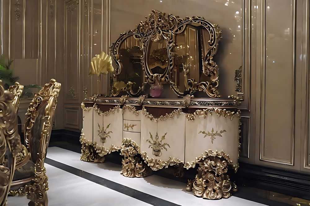 Luxurious French Baroque Console and Mirror Set – Hand-Carved Gold Leaf Detailing and Classic European Elegance